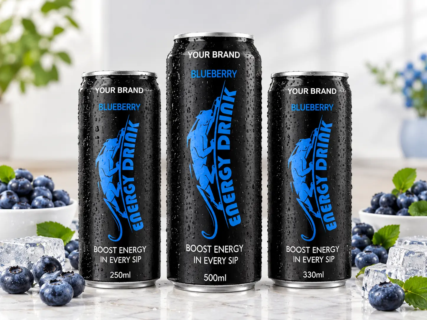 ENERGY DRINK Blueberry flavour in 250ml, 500ml and 330ml cans.